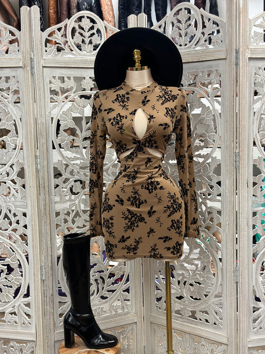 Velvet Floral Cutout Mini Dress- Stretchy, Estira