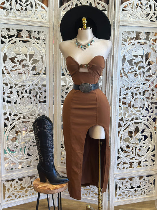 Brown Denim Buckle Bodycon Midi Dress-Estira, Stretchy
