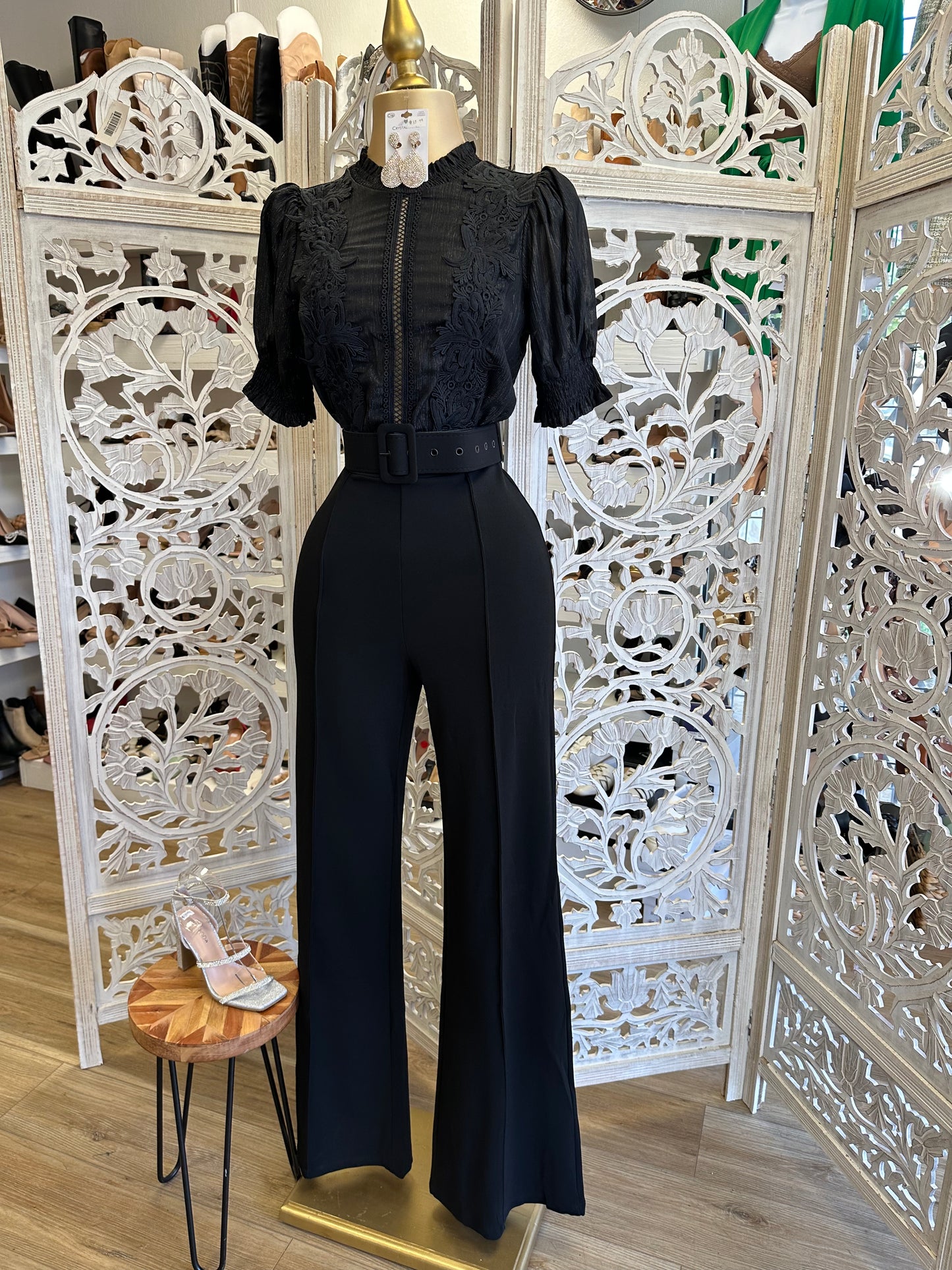 Black Lace Belted Jumpsuit