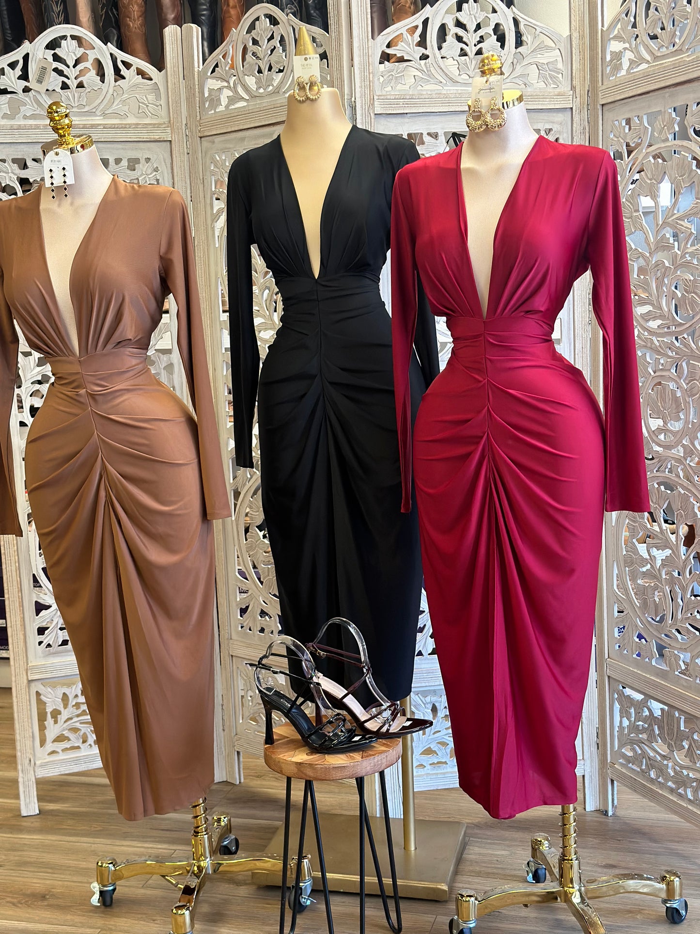 Deep V Ruched Long Sleeve Dress- Stretchy