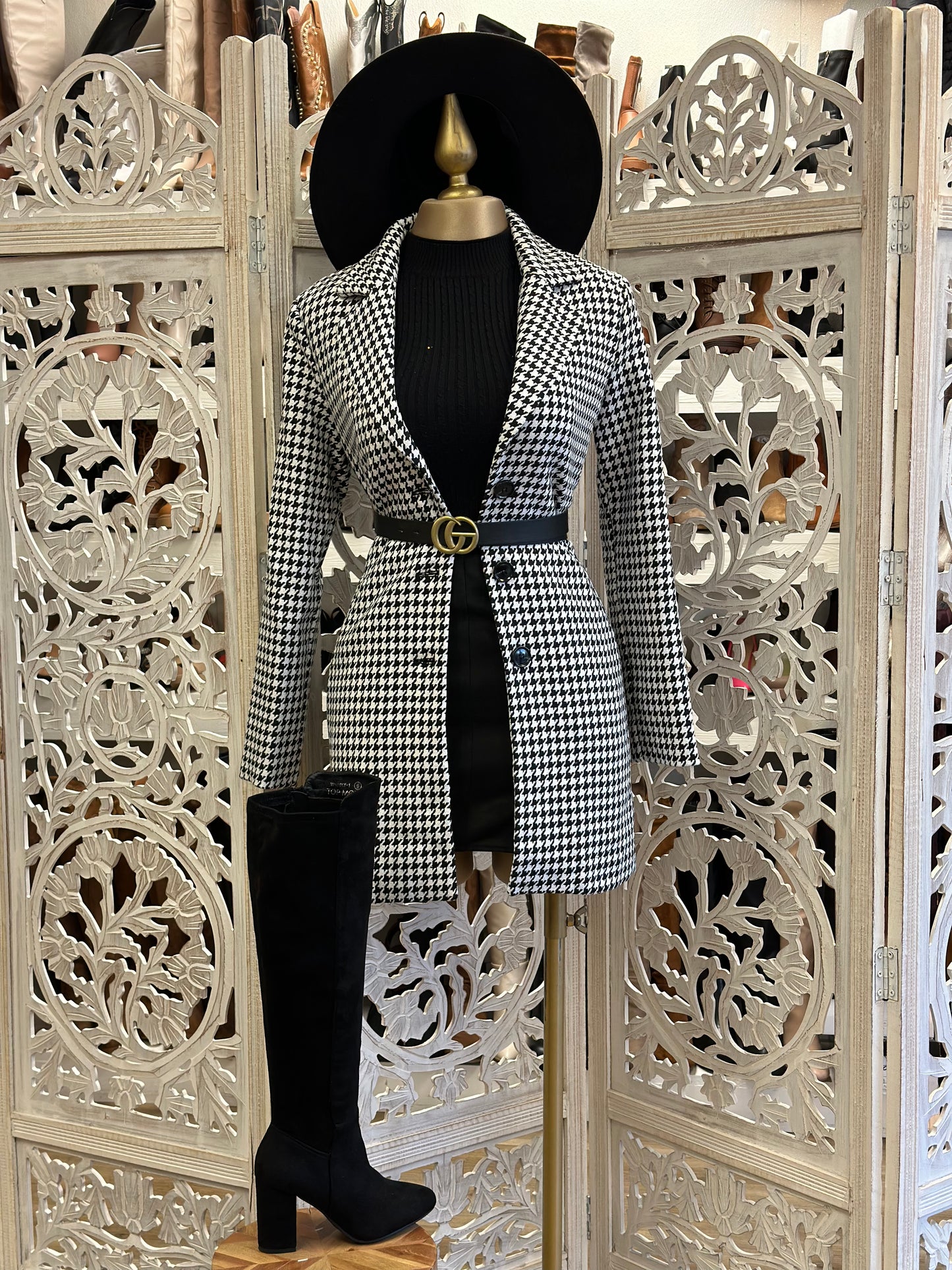 Houndstooth Print Coat