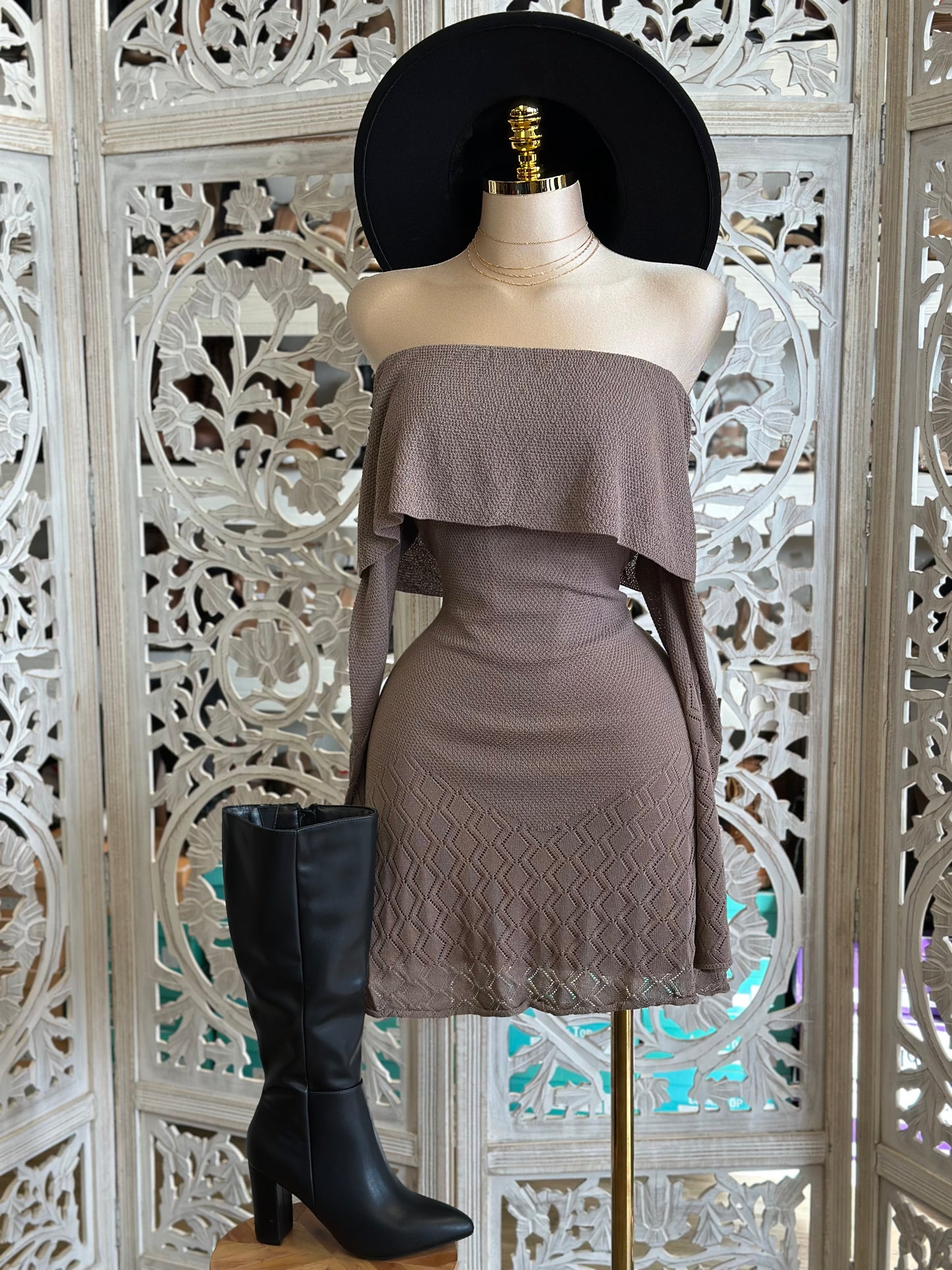 Knitted Off Shoulder Taupe Mini Dress- Stretchy,Estira