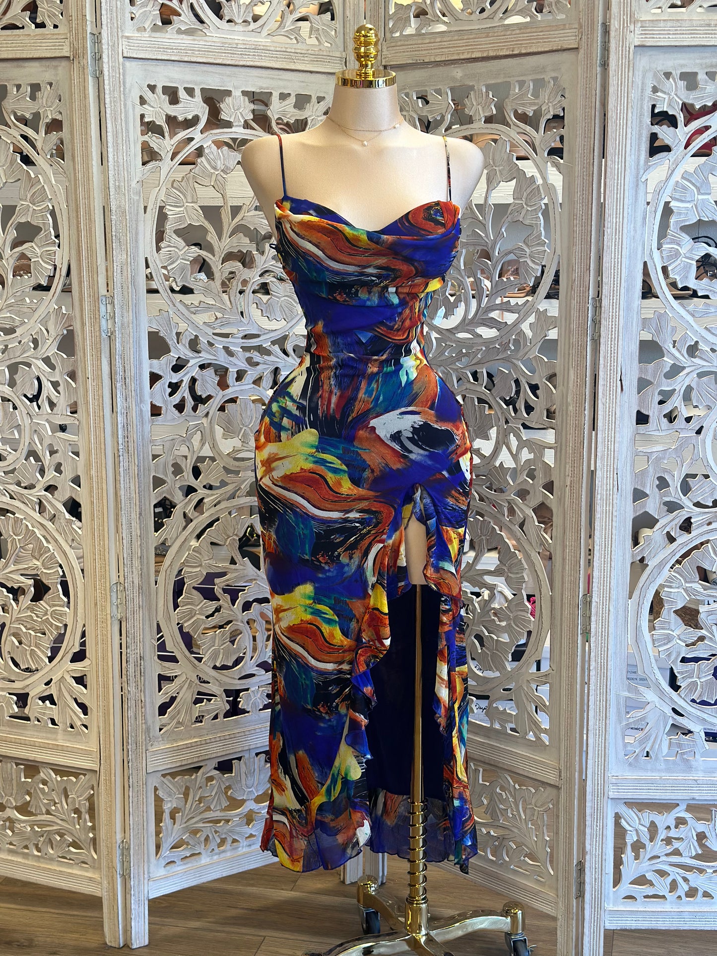 Cowl Neck Multi Color Ruffle Dress - Stretchy, Estira