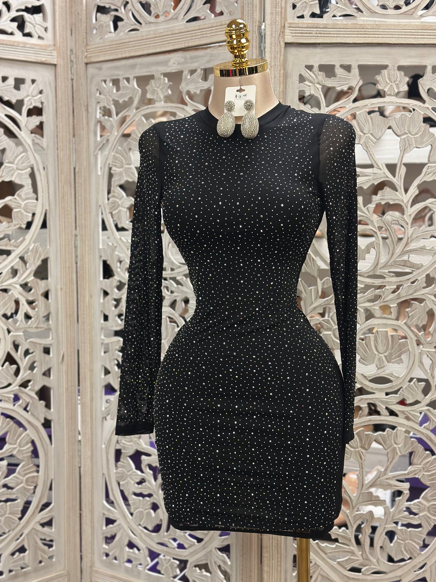 Black Rhinestone Mesh Mini Dress- Slightly Stretchy,Estira Poco