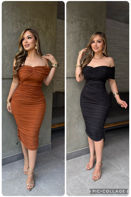 Off Shoulder Ruched Dress- Estira, Stretchy