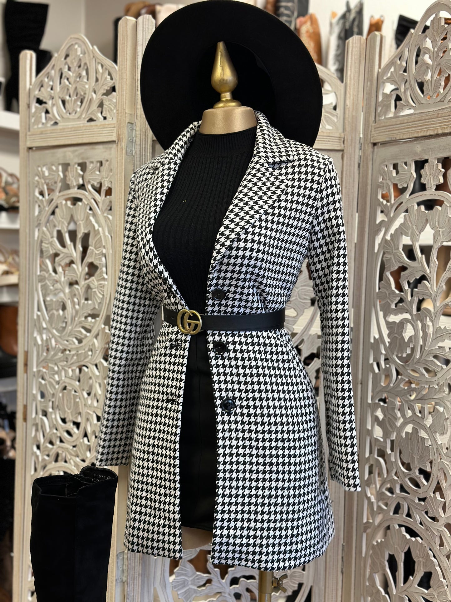 Houndstooth Print Coat