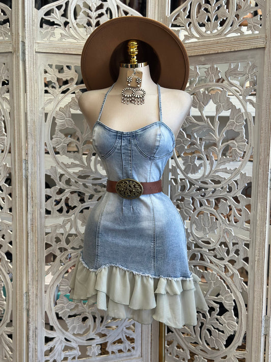 Washed Denim Ruffle Mini Dress- Stretchy, Estira