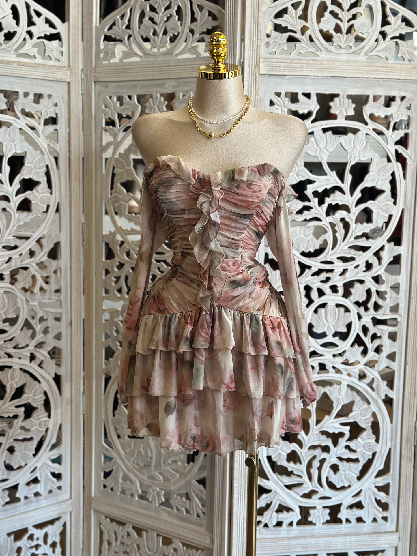 Brushed Floral Ruffled Mini Dress- Stretchy, Estira