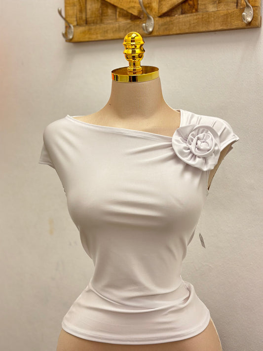 White Asymmetrical Flower Detail Blouse- Stretchy, Estira