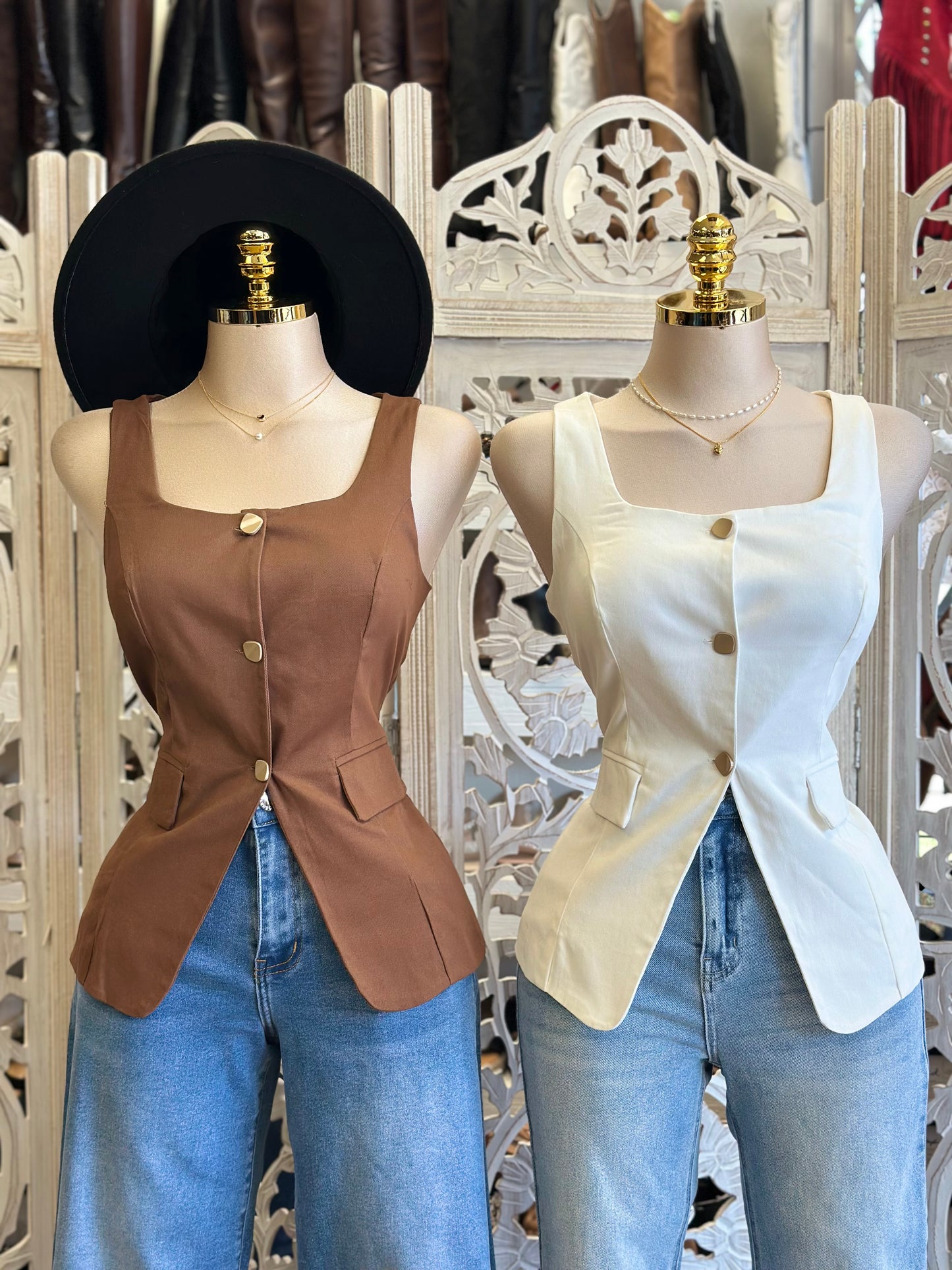 Square Beck Gold Button Blouse Top- Estira, Stretchy