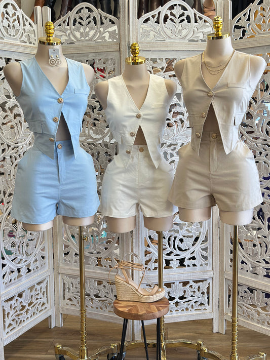 Denim Vest amd Shorts Set -No Estira, Not Stretchy