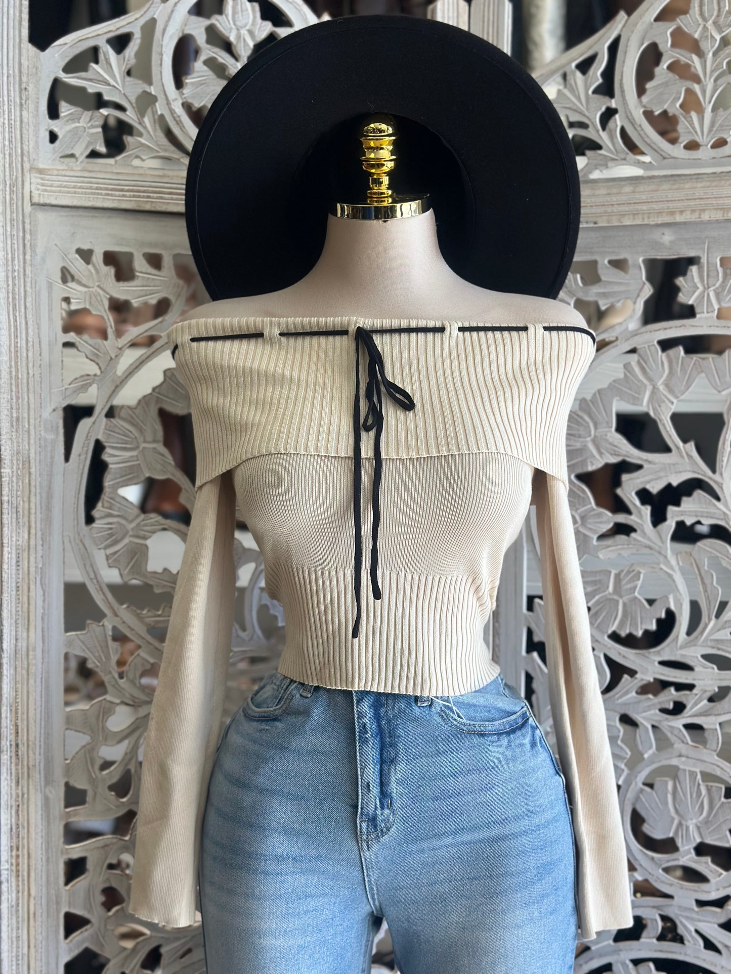 Beige Off Shoulder Ribbed Ribbon Top- Estira, Stretchy