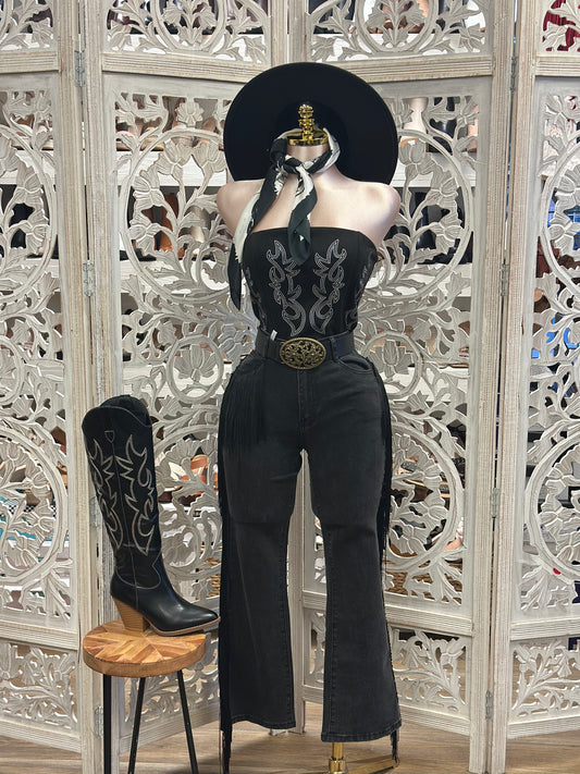 Black Fringe Washed Jeans - Stretchy, Estira