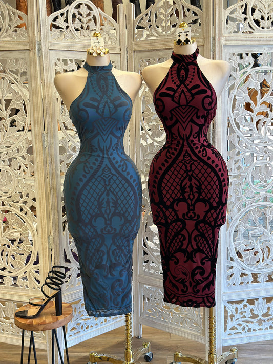 Halter Neck Velvet Pattern Dress- Estira, Stretchy