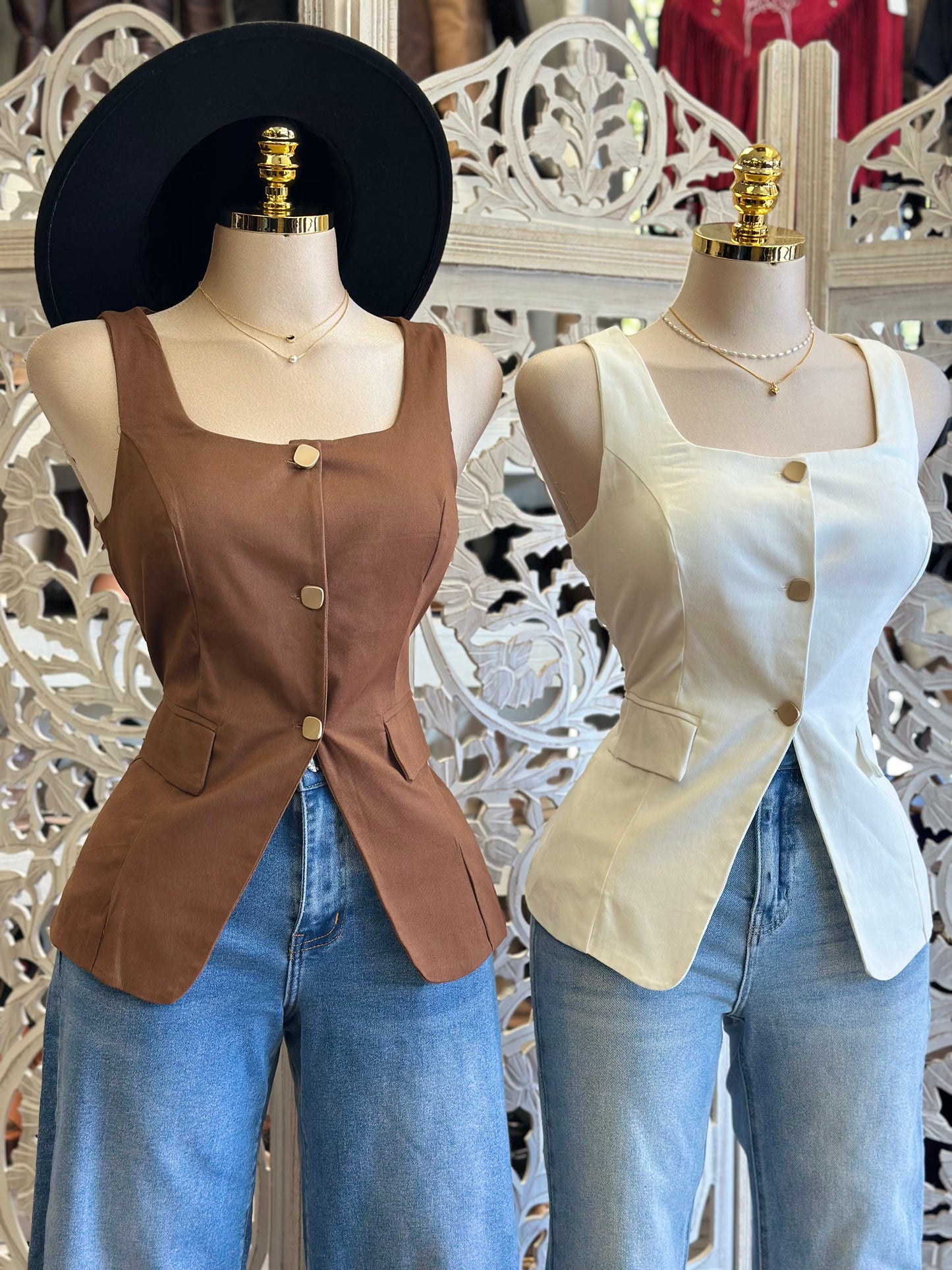 Square Beck Gold Button Blouse Top- Estira, Stretchy