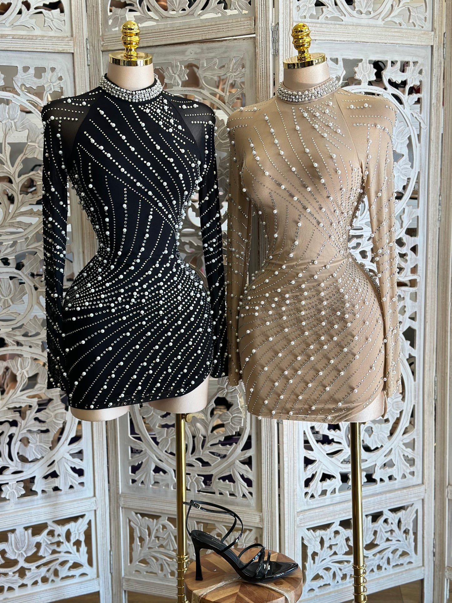 Pearl Detail Asymmetrical Mini Dress- Stretchy,Estira