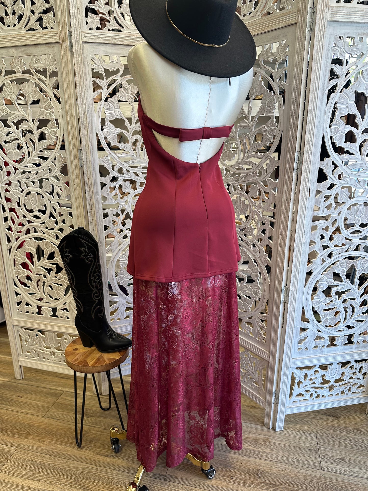 Burgundy Lace Overlay Strapless Maxi Dress -Stretchy,Estira