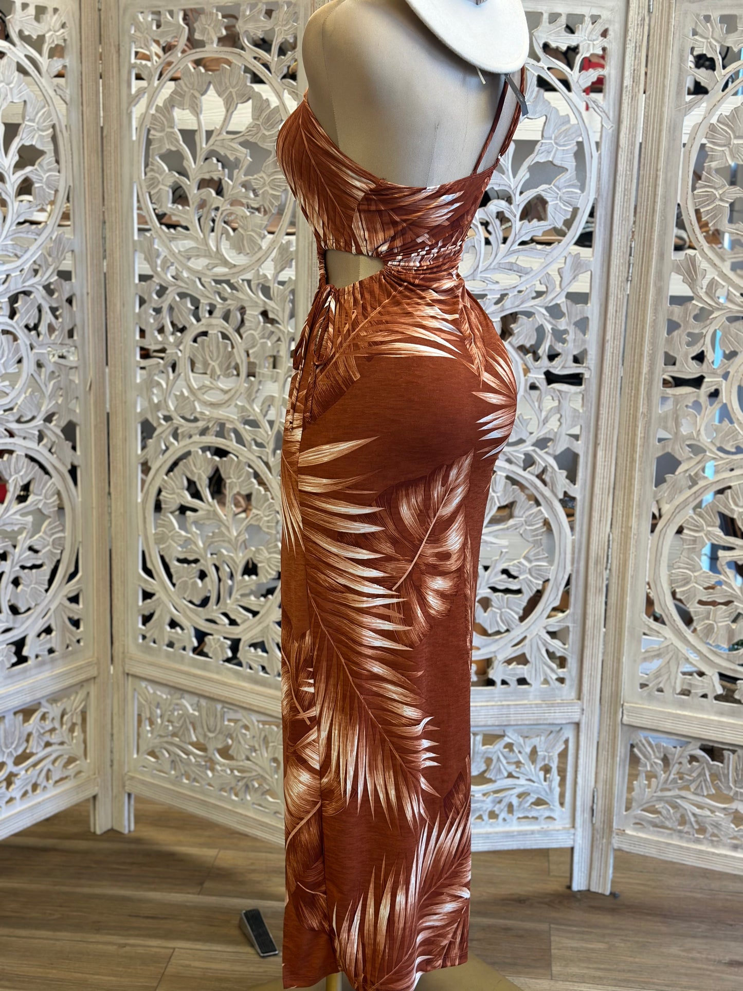 Leaf Pattern Rust Cutout Dress - Estira, Stretchy