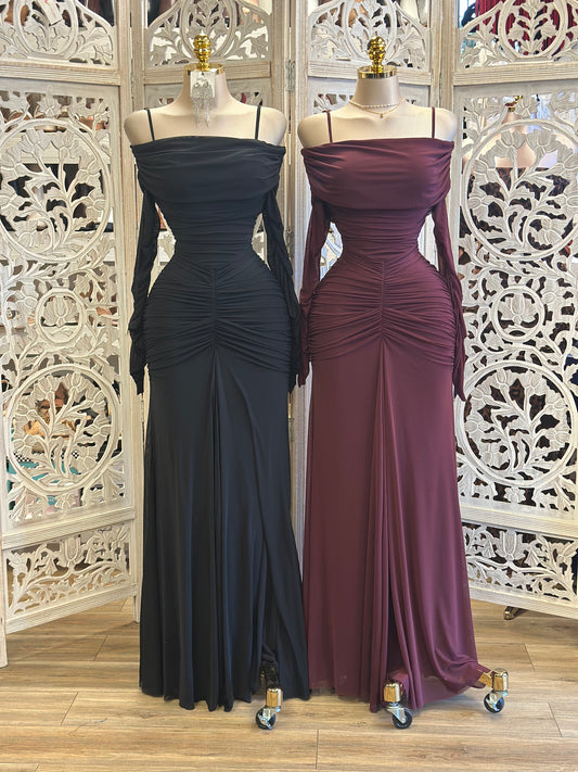Ruched Off Shoulder Maxi Dress- Stretchy,Estira