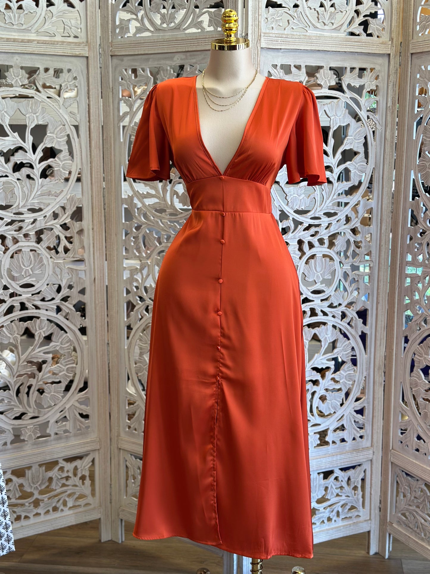 Burnt Orange Deep V Maxi Dress- Not Stretchy , No Estira