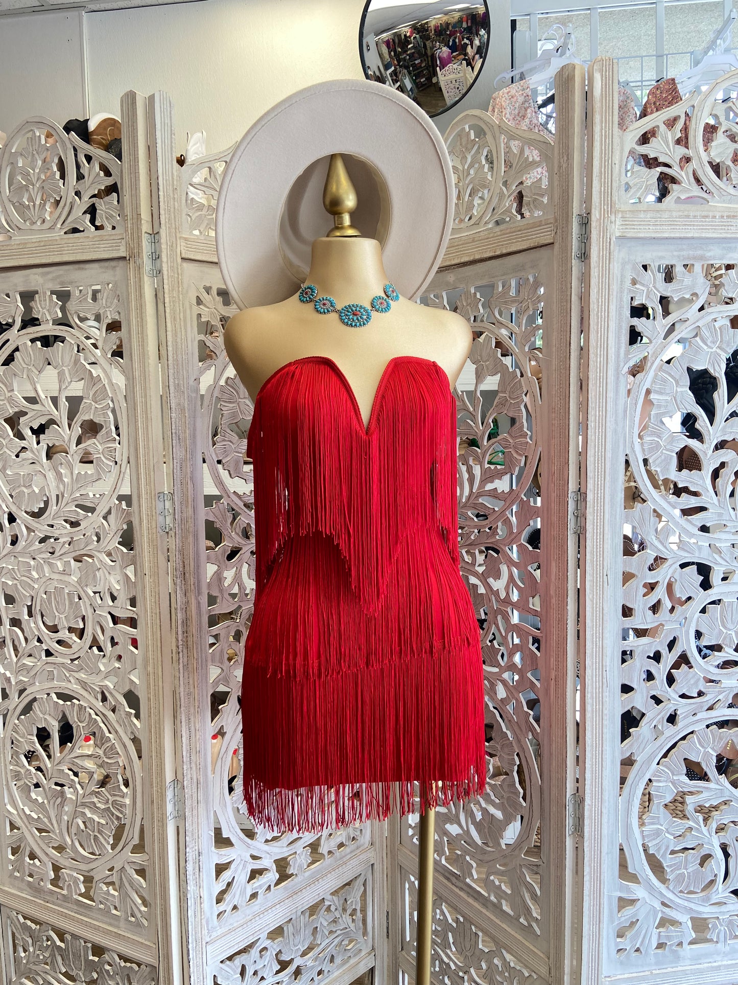 Red Fringe Dress- Stretchy, Estira