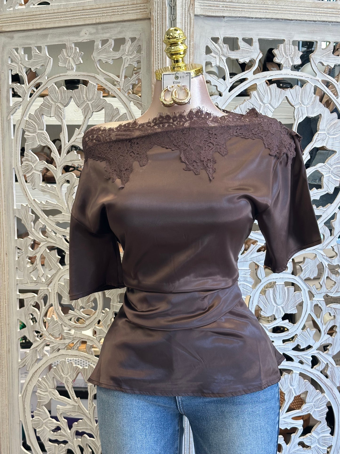 Brown Boatneck Lace Blouse