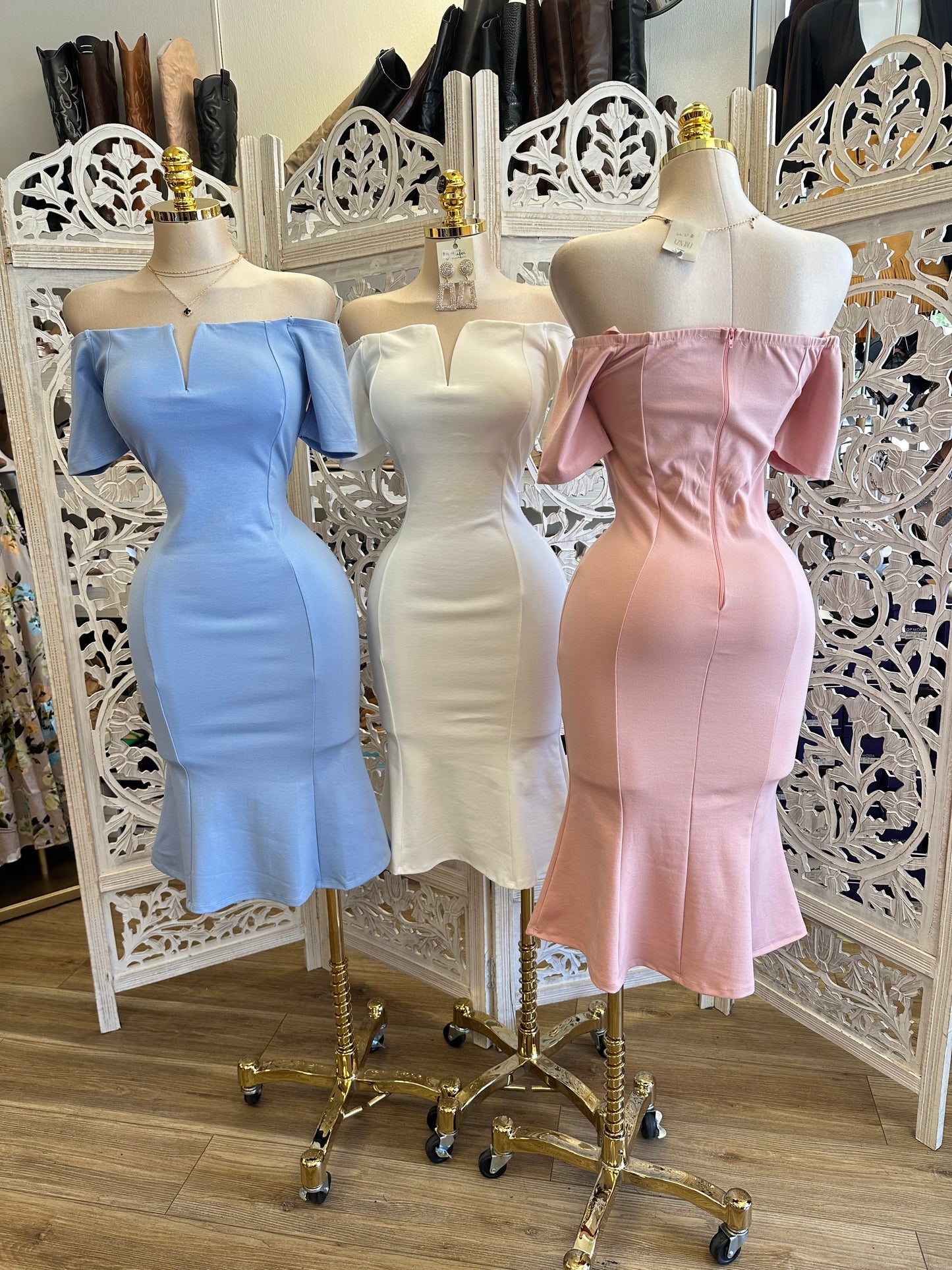Off Shoulder Fitted Dress - Estira, Stretchy