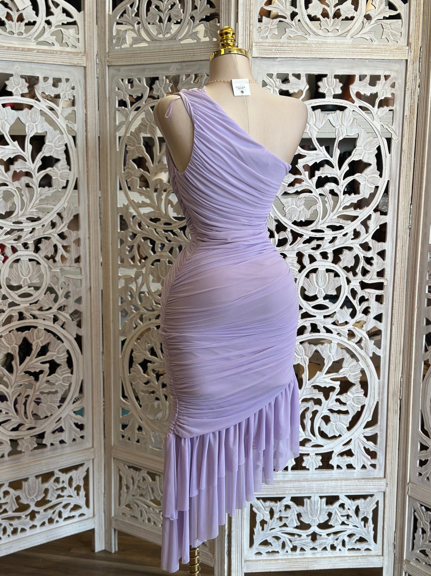 Lilac One Sleeve Wrapped Dress-Stretchy,Estira