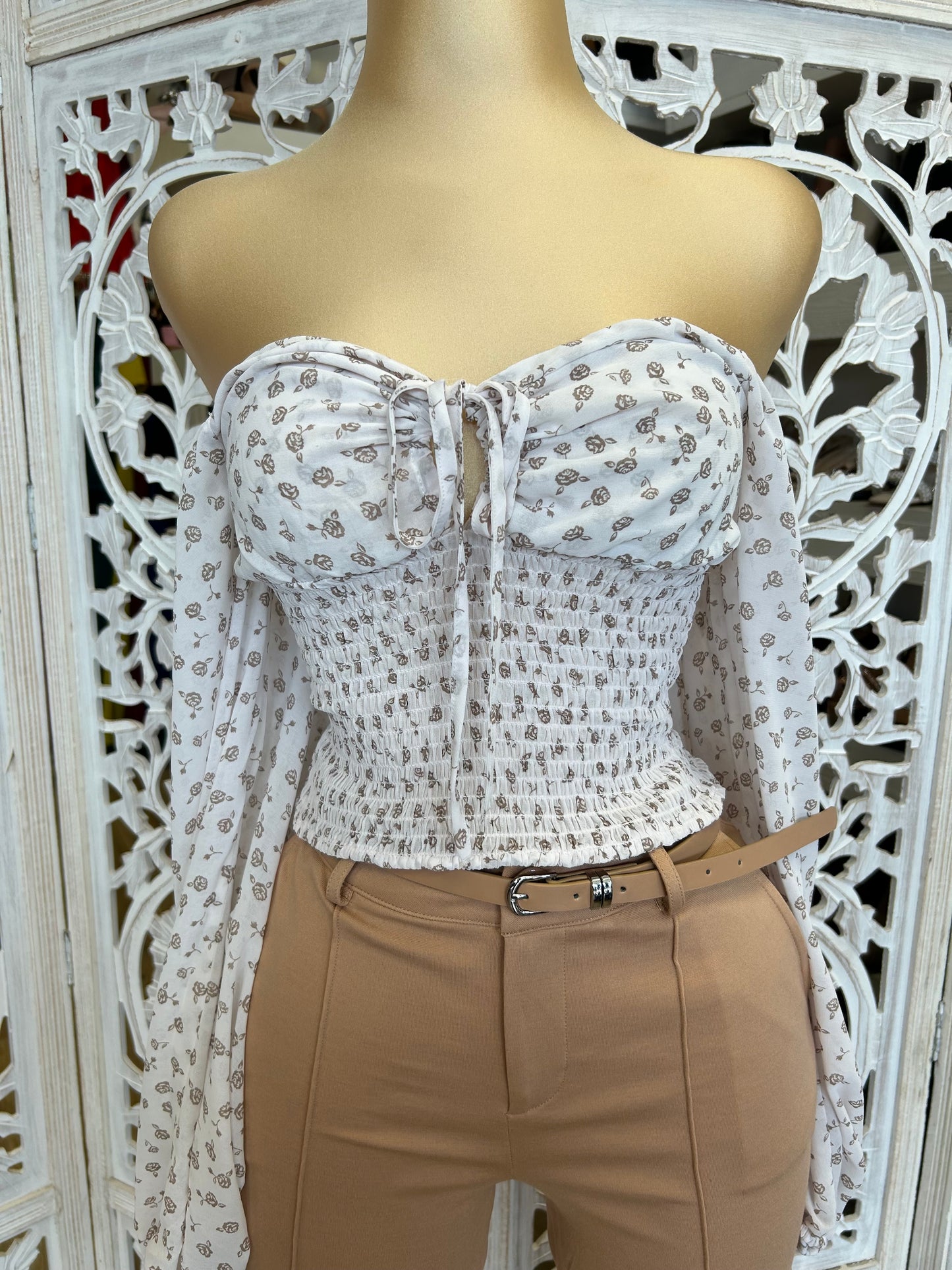 Keyhole White Floral Blouse