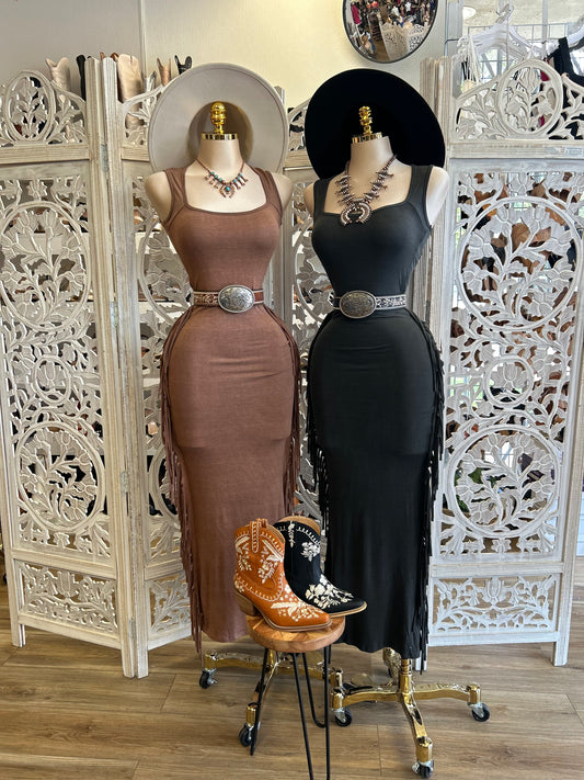 Side Fringe Maxi Dress- Stretchy, Estira