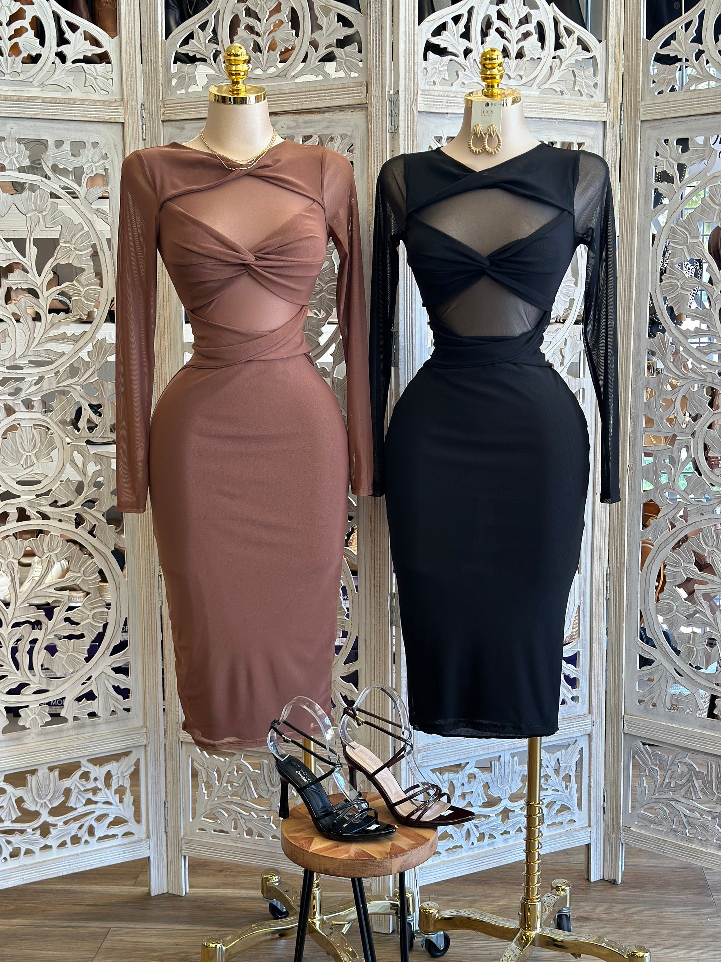 Knotted Long Sleeve Mesh Midi Dress - Estira, Stretchy