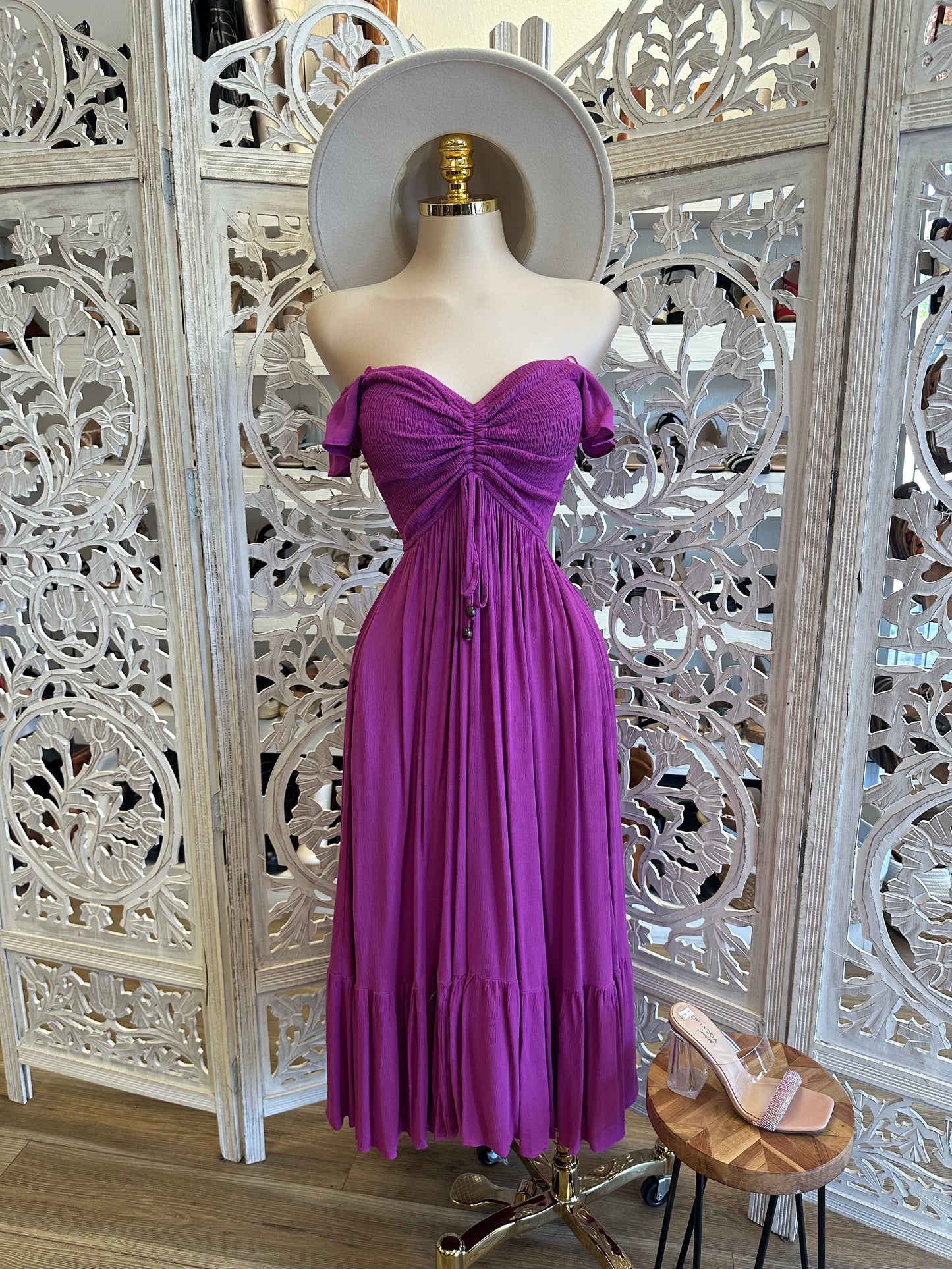 Purple Smocked Linen Maxi Dress- Estira, Stretchy