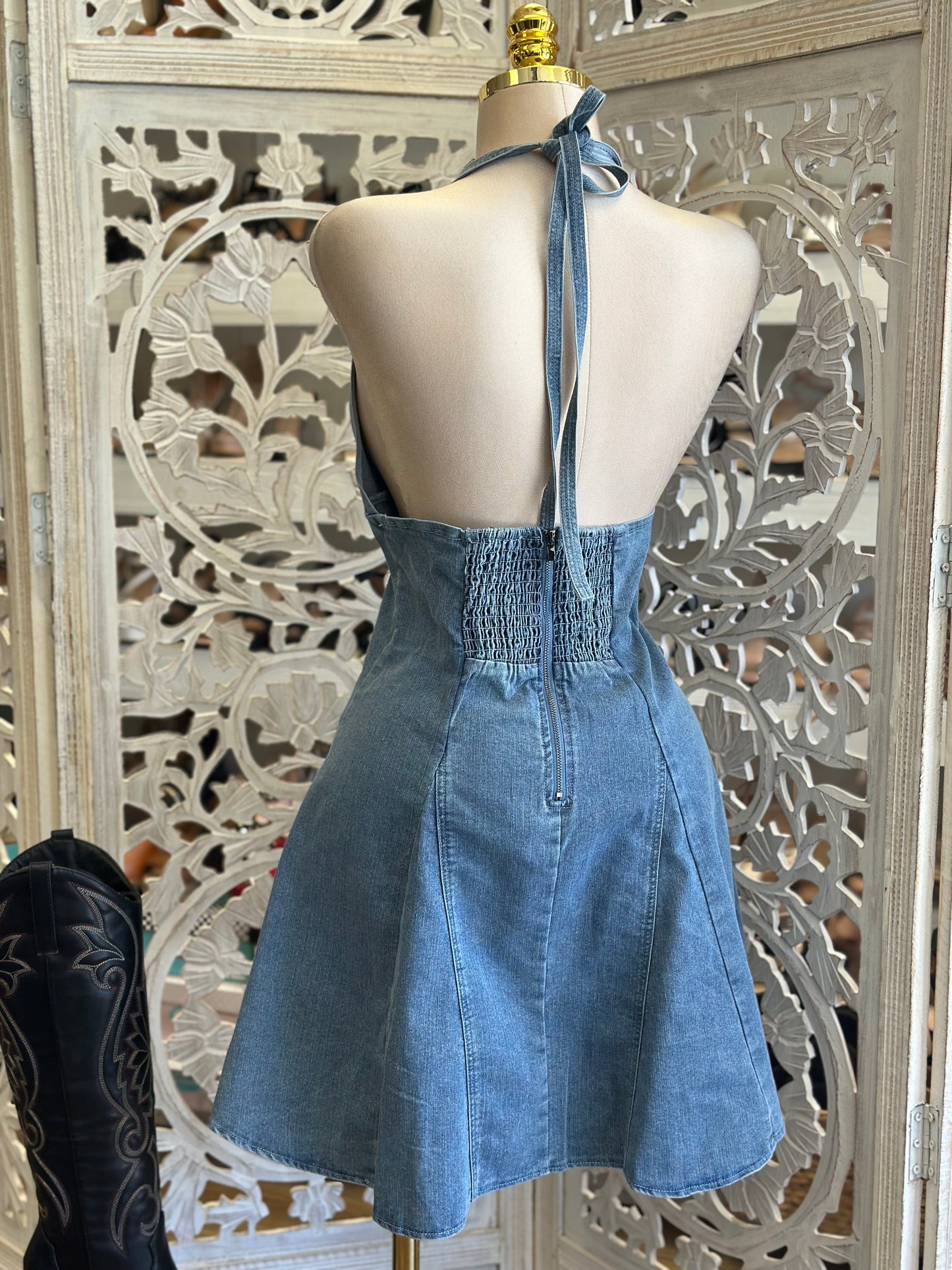 Deep V Denim Fit and Flare Dress-Estira, Stretchy