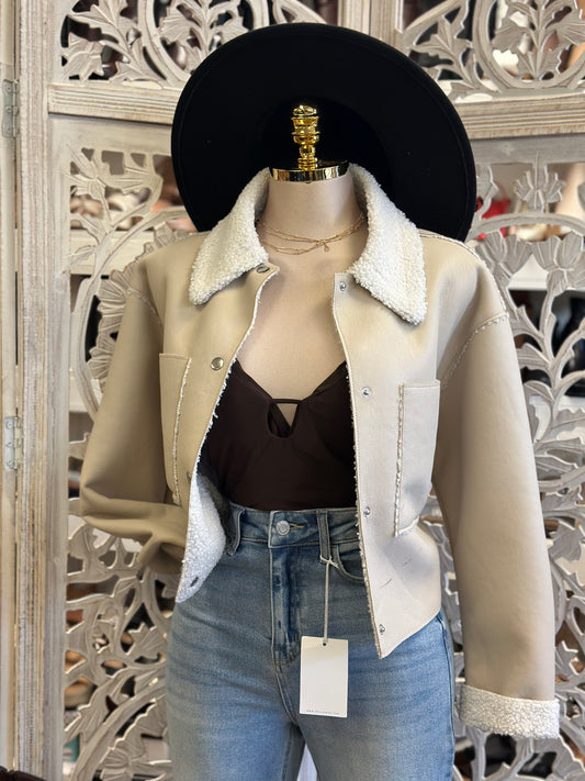 Soft Brown Plush Neck Suede Jacket
