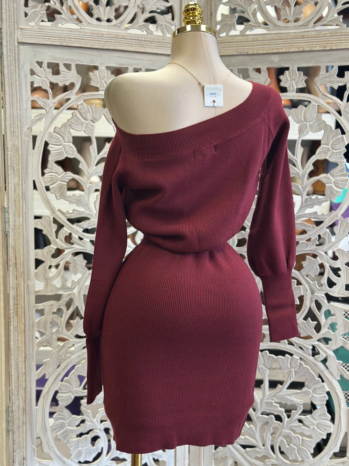 Draped Shoulder Burgundy Dress- Stretchy,Estira