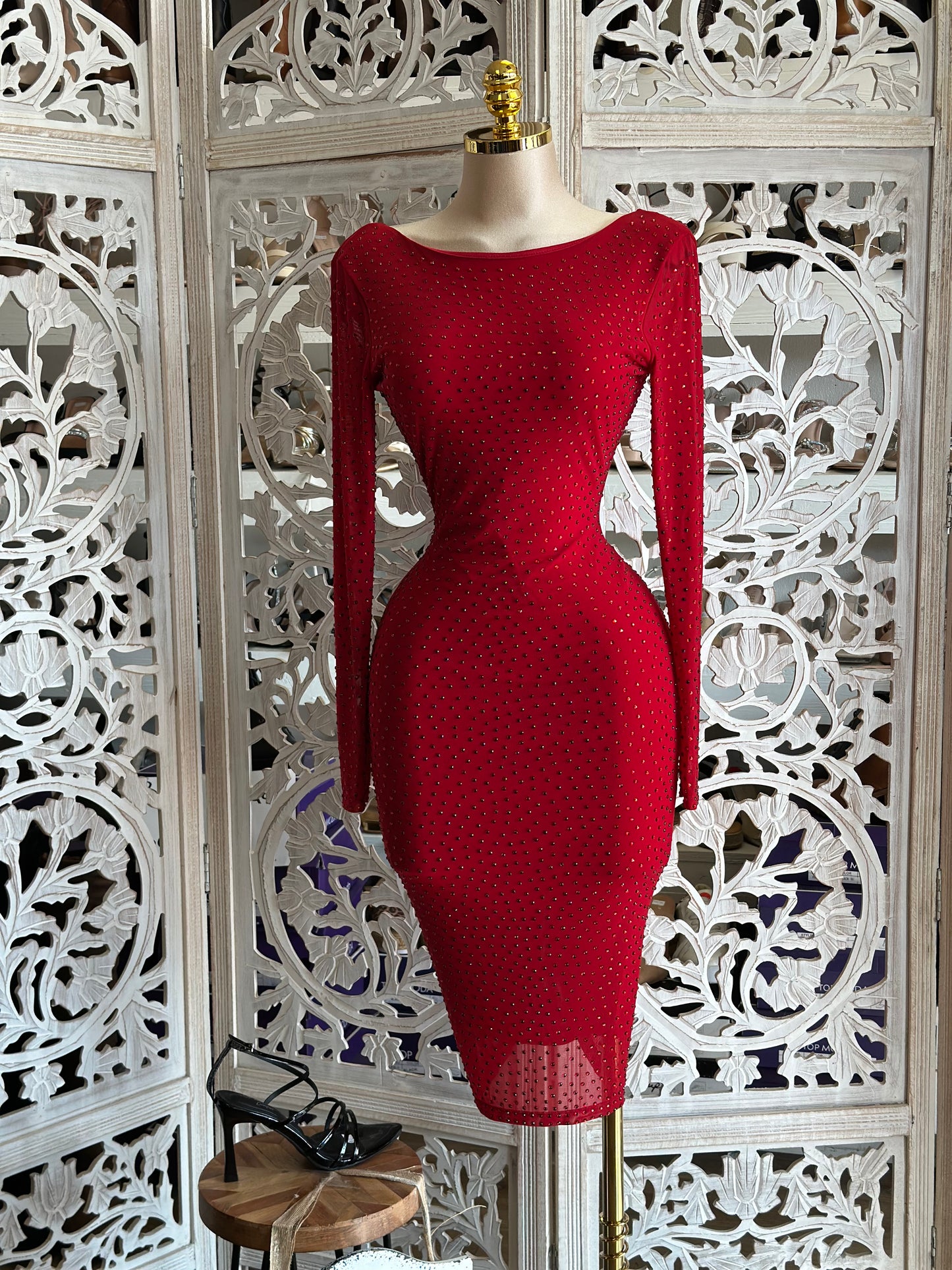 Bright Red Rhinestone Boat Neck Dress- Stretchy,Estira