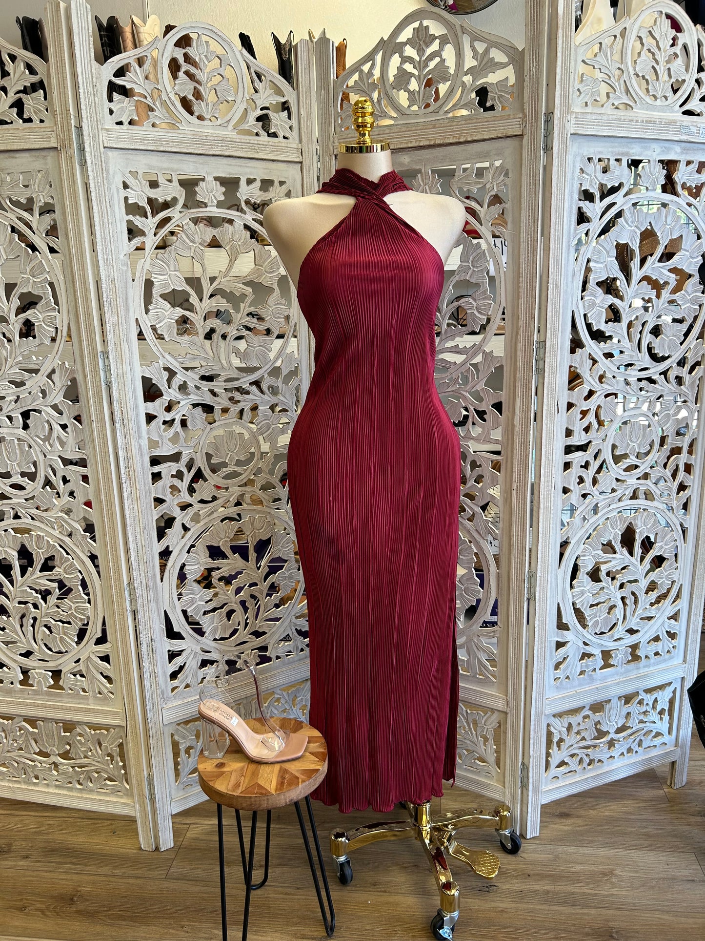 Burgundy Scrunched Twisted Front Dress- Stretchy