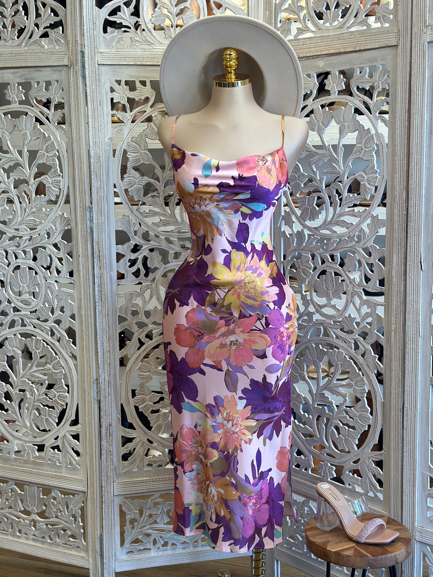 Cowl Neck Multi Colored Floral Midi Dress- No Estira, Not Stretchy
