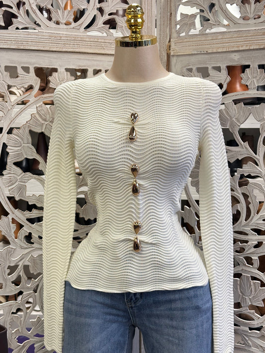 Ivory Squiggle Knit Textured Top- Estira, Stretchy
