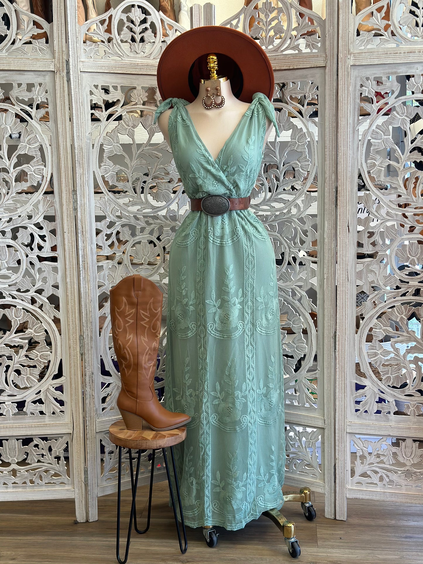 Sheer Embroidered Mint Maxi Dress - Estira, Stretchy