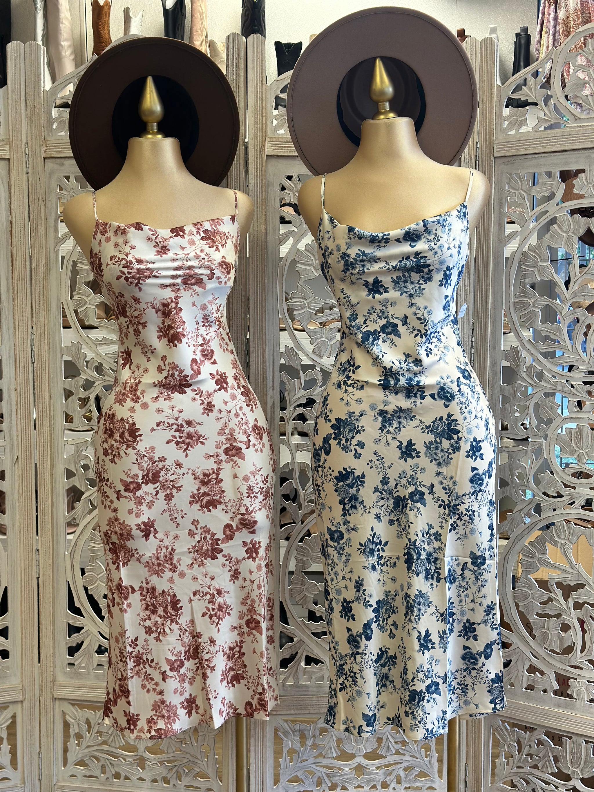 Cowl neck satin flower applique backless cami maxi dress