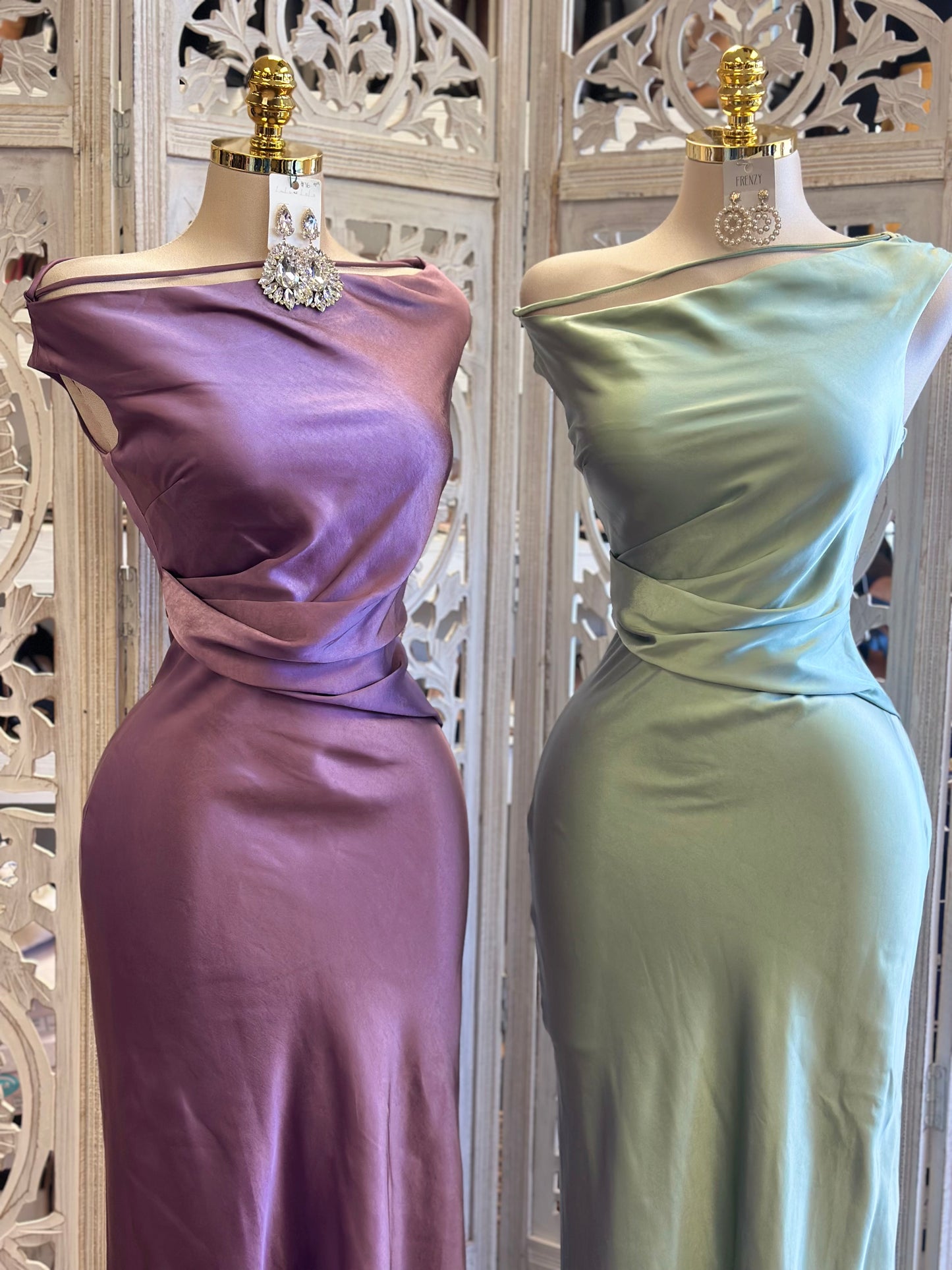 Aria Off Shoulder Satin Dress - No Estira, Not Stretchy