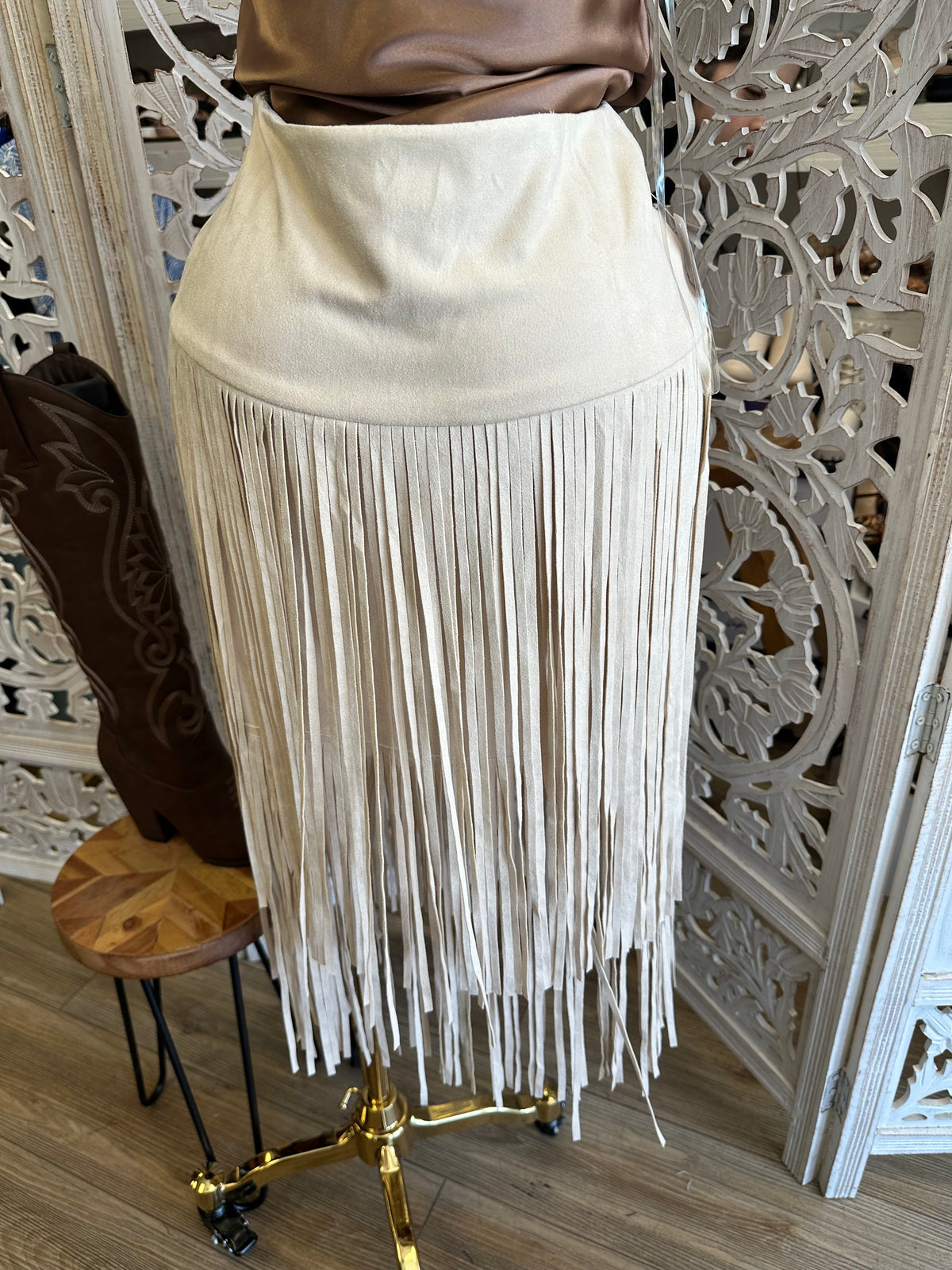 Natural Cream Desert Darling Fringe Skirt - Estira, Stretchy