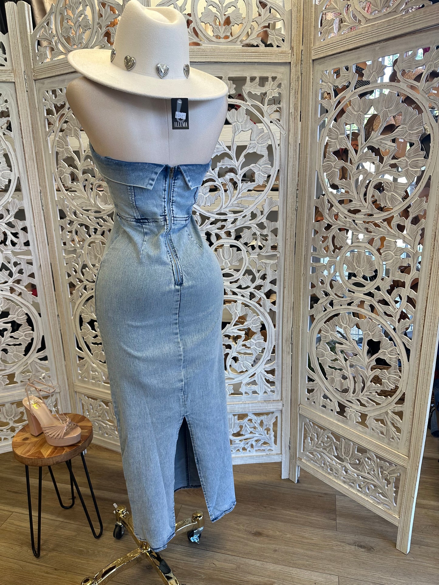 Denim Midi Strapless Folded Dress -No estira