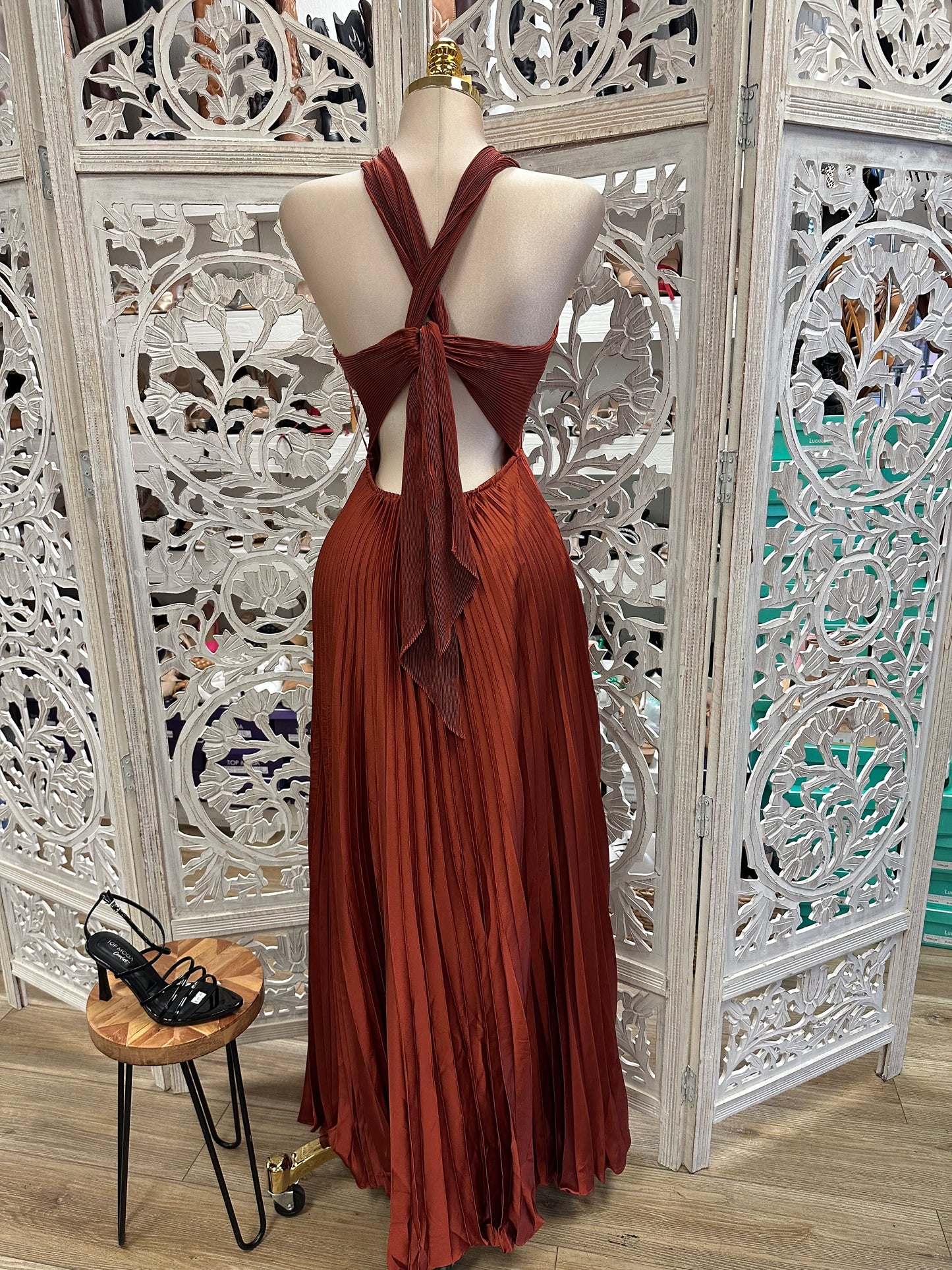 Deep Rust Pleated Satin Maxi Dress- Stretchy, Estira