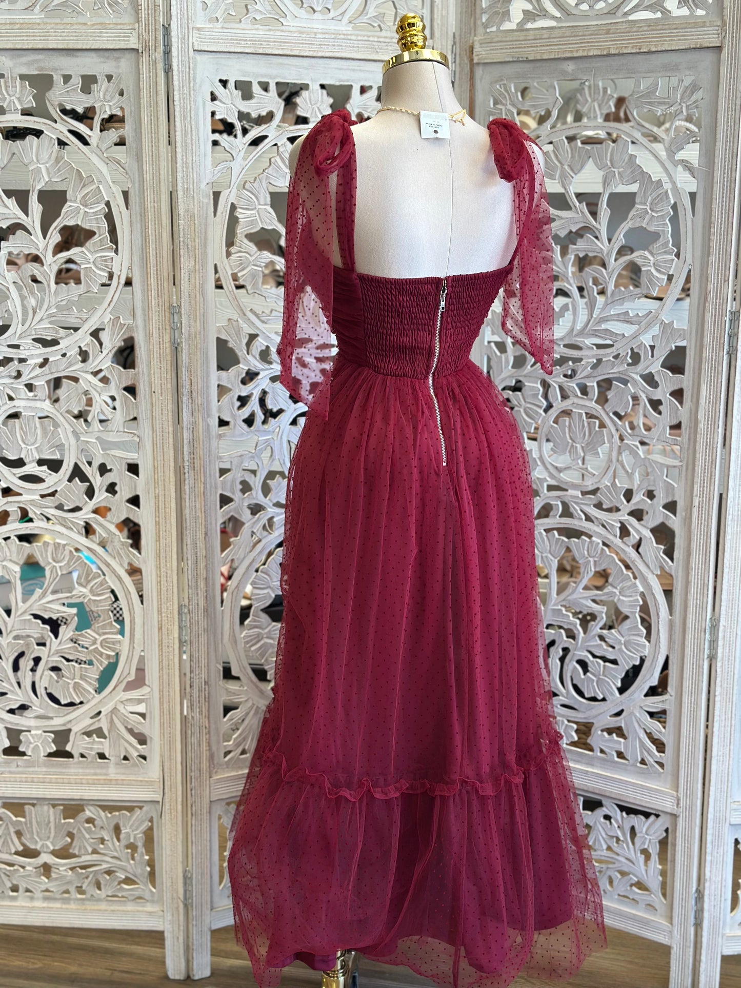 Burgundy Tulle Ribbon Strap Midi Dress - Estira, Stretchy
