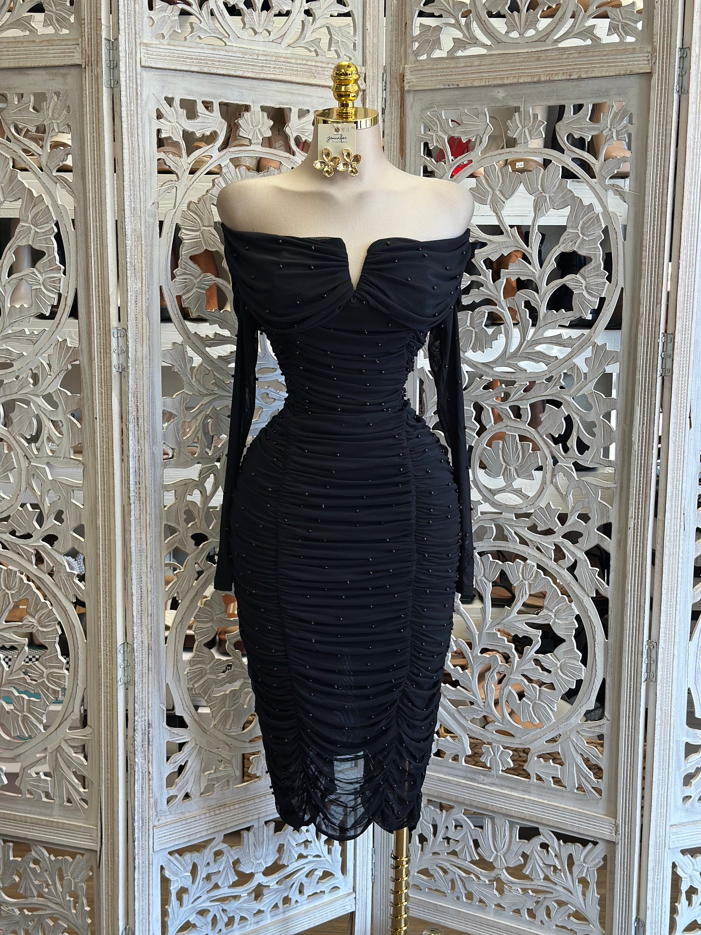 Black Ruched Pearl Dress- Stretchy,Estira