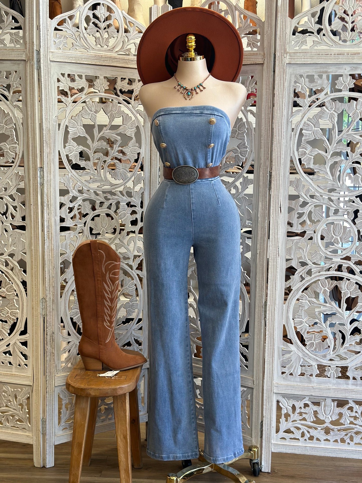 Strapless Denim Button Jumpsuit- Stretchy