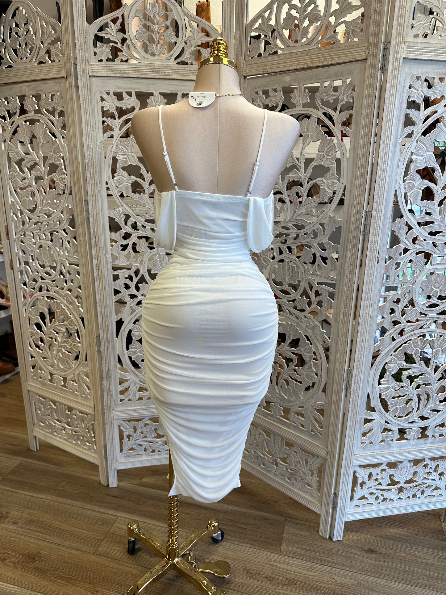 White Midi Ruched Dress - Estira, Stretchy