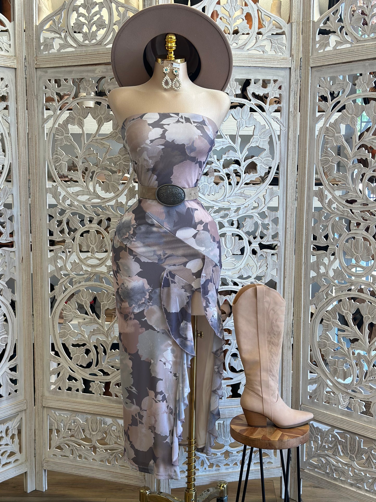 Purple Patterned Strapless Ruffled Dress- Stretchy, Estira
